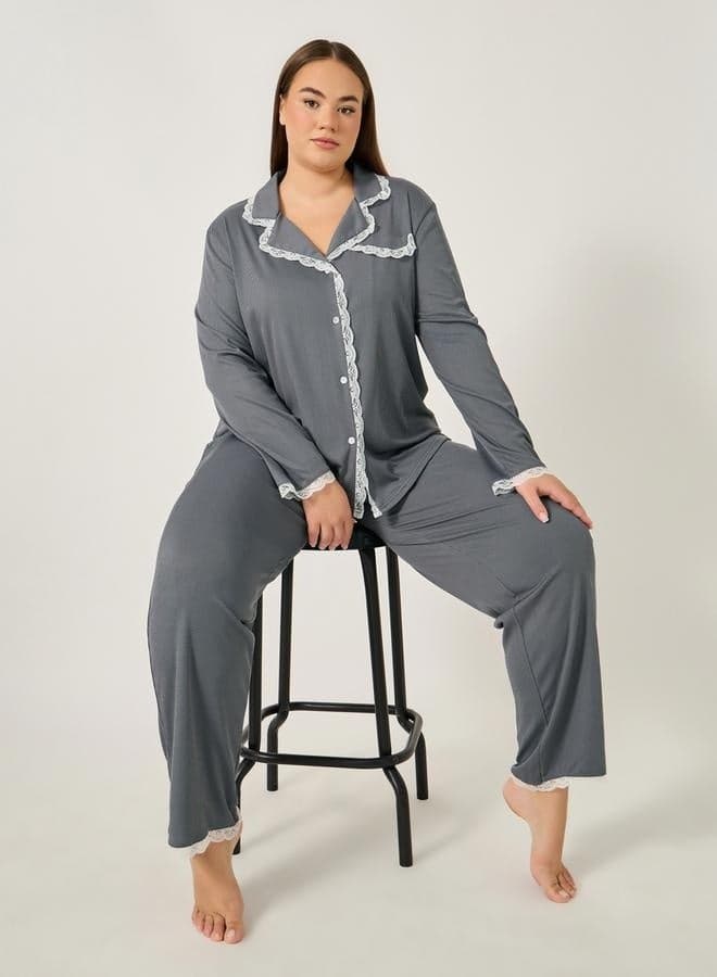 Styli Plus Size Rib Knit Lace Trim Pyjama Set - Image 1