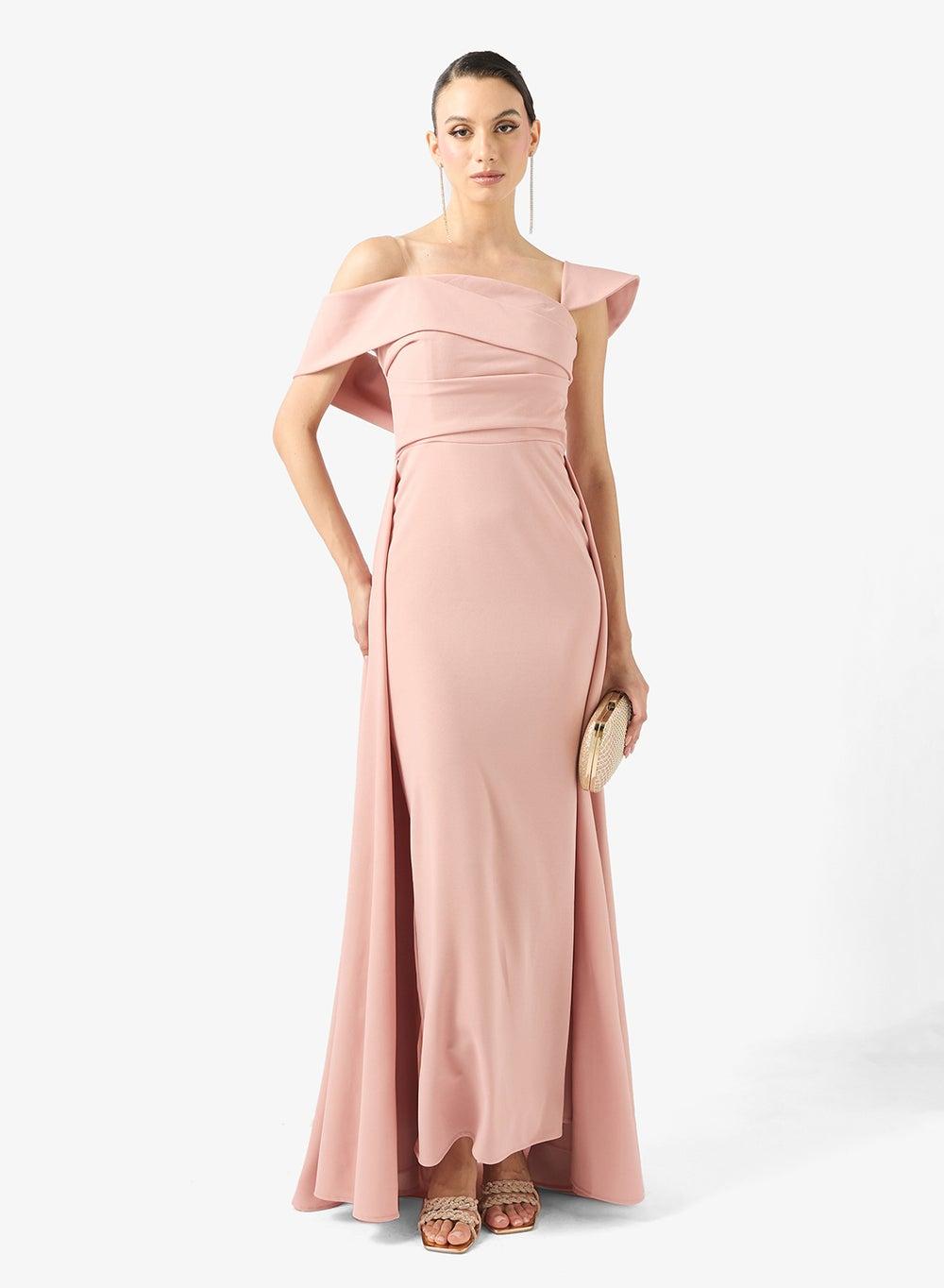 Off-Shoulder Ruched Maxi Dress with Elegant Back Trail - Image 1