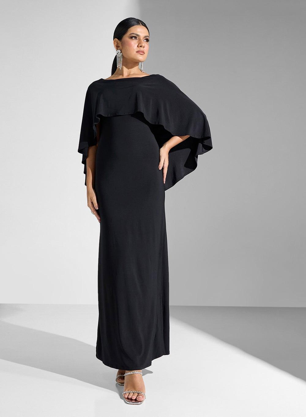 Black Cape Overlay Maxi Dress - Image 1