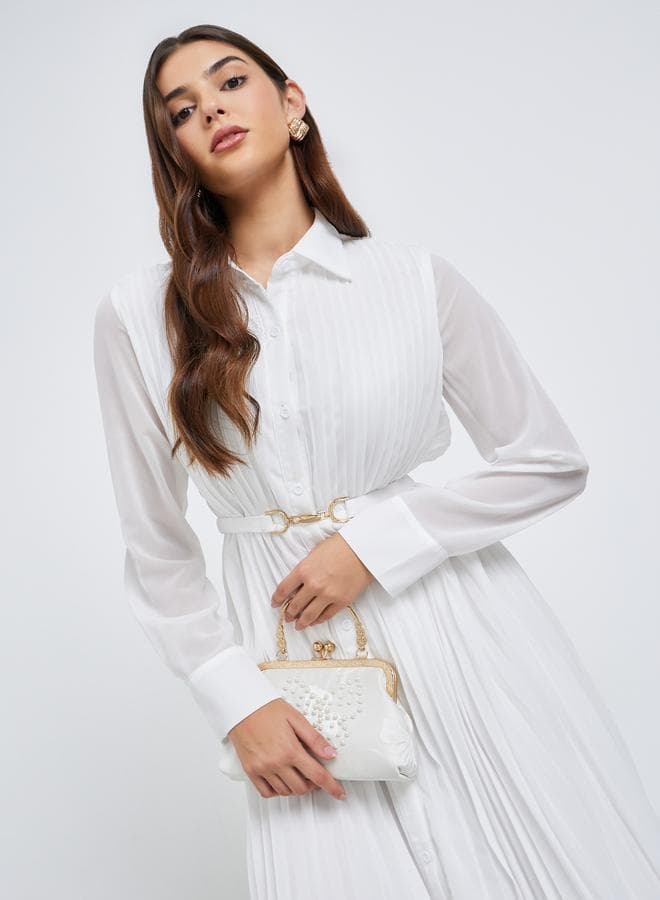 Styli Pleated Maxi Shirt Dress with Belt Detail - Image 1