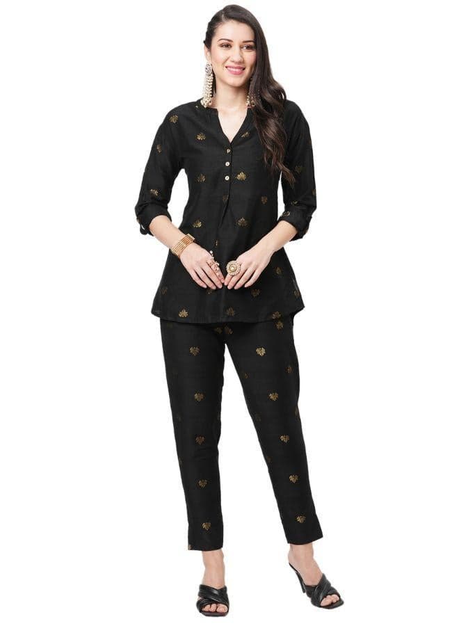 Black Gold Printed Co-ord Kurta Pant Set - Image 1