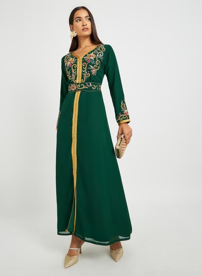 Handcrafted Neckline Jalabiya with Elegant Tie Belt - Image 1