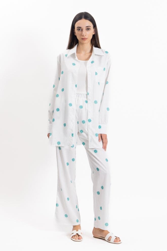 Textured 3-Piece Shirt Set with Pants and Inner Top - Image 1