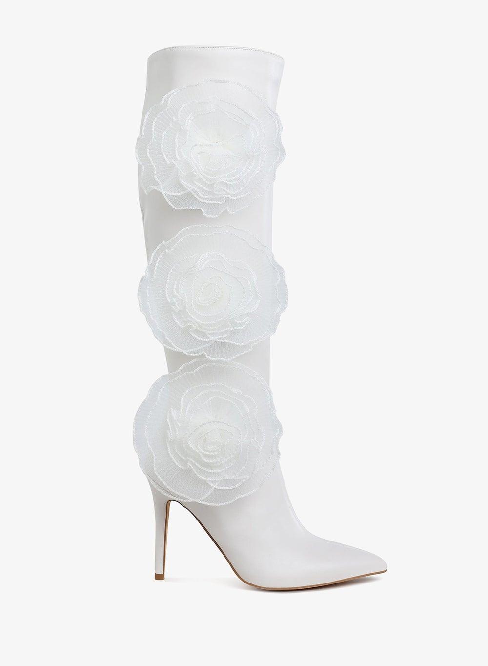 White Sheer Rose Detail Knee-High Statement Boots - Image 1