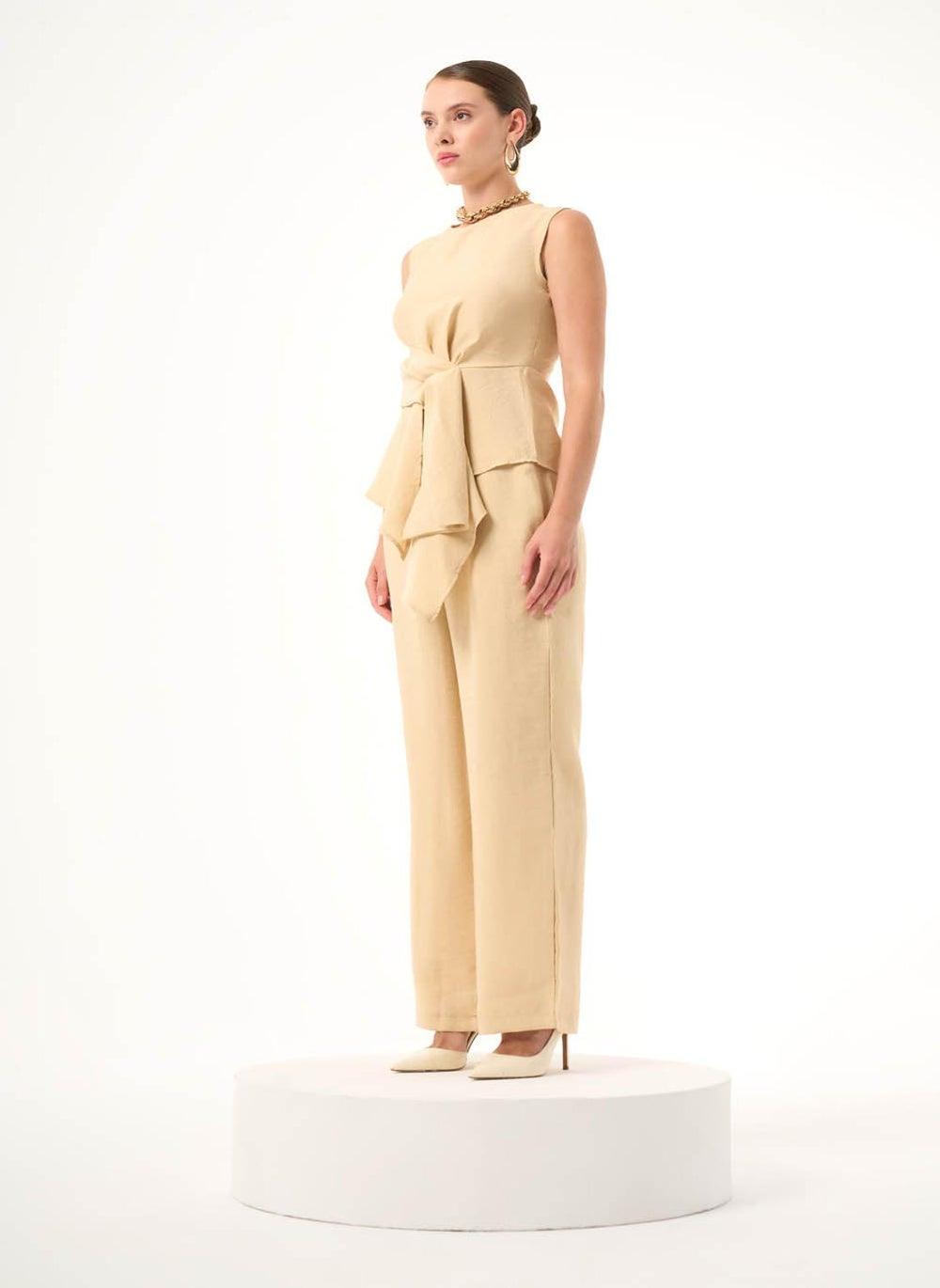 Beige Elastic Drawstring Modest Trousers - Image 1
