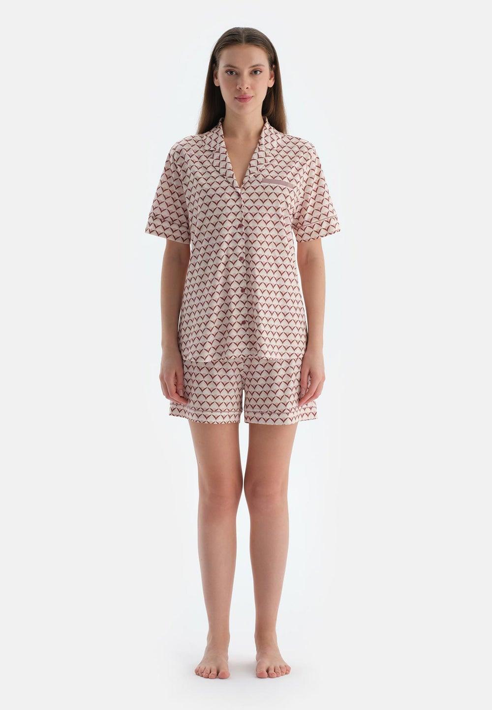 Geometric Pink Cotton Blend Nightwear Shirt & Shorts Set - Image 1