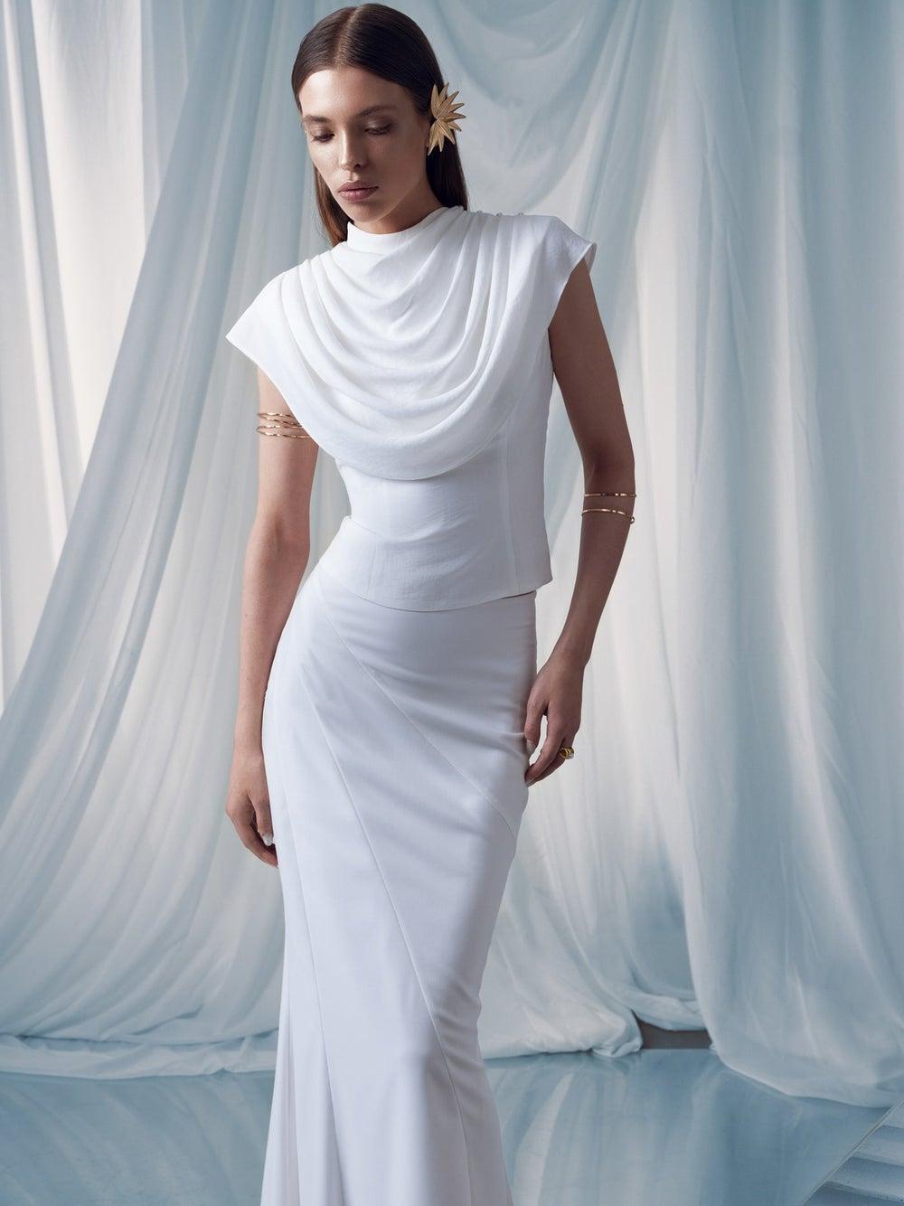 Flared Draped Chest Top with Stand Collar - Image 1