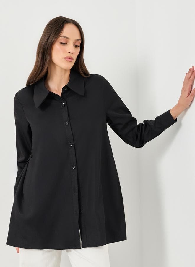 Black Longline Flared Button Shirt - Image 1