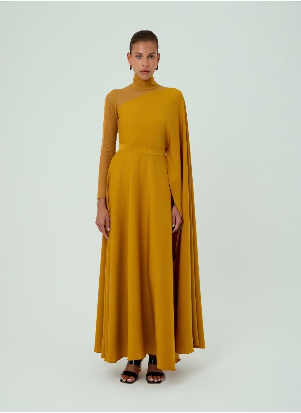 Izzah Mustard Cape Maxi Dress - Image 1