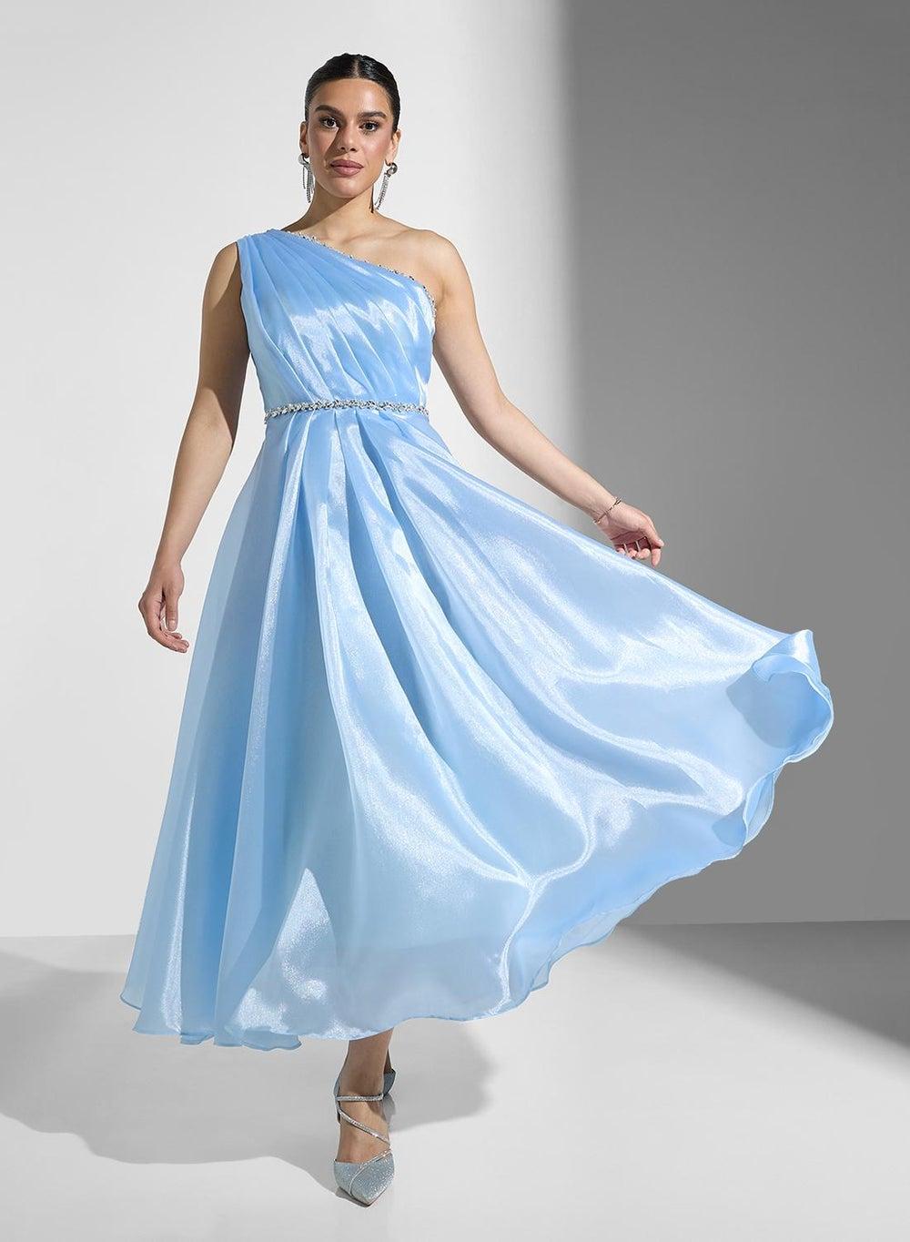 Lavender One-Shoulder Jeweled Waist Dress - Image 1
