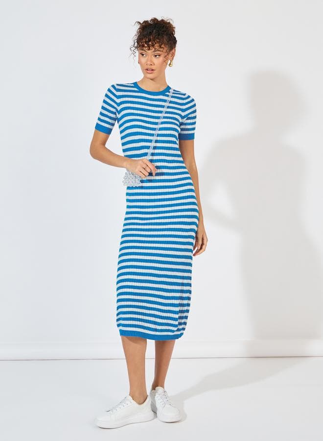 Blue White Striped Knit Midi Dress - Image 1