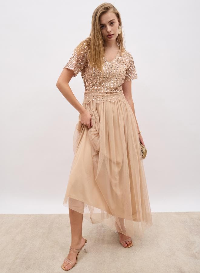 Sequin Bodice Tulle Midi Dress in Soft Beige - Image 1