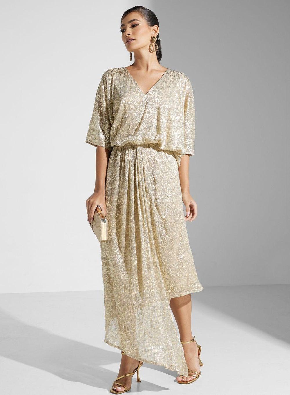 Metallic Gold Asymmetric V-Neck Dress - Image 1