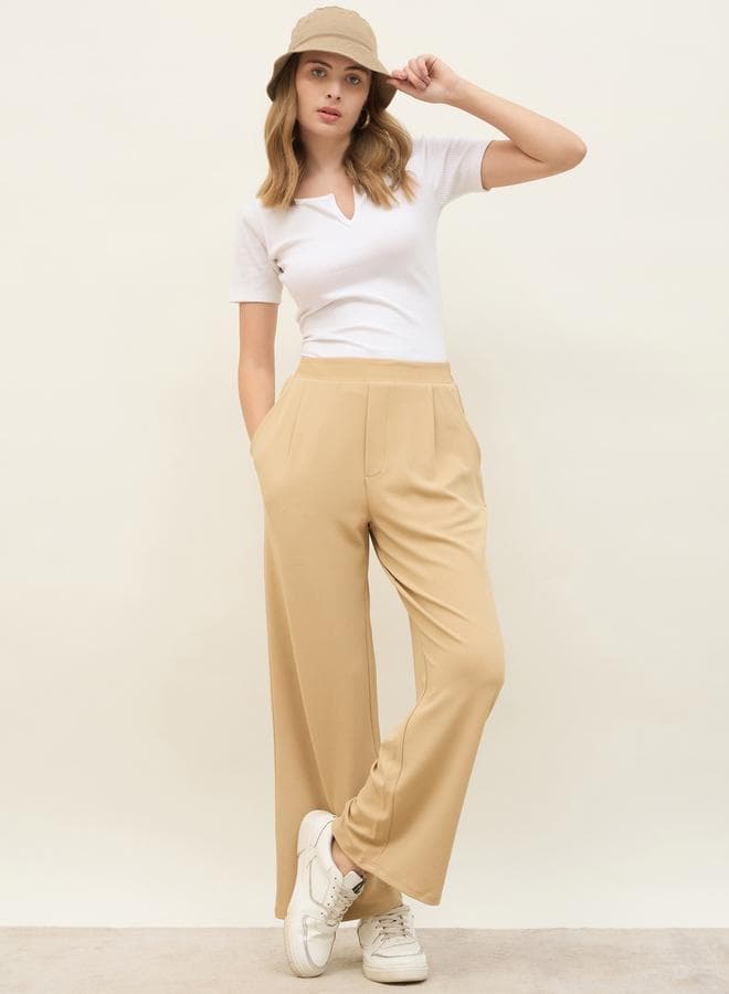 Mid Rise Wide Leg Pants with Elastic Waist - Image 1