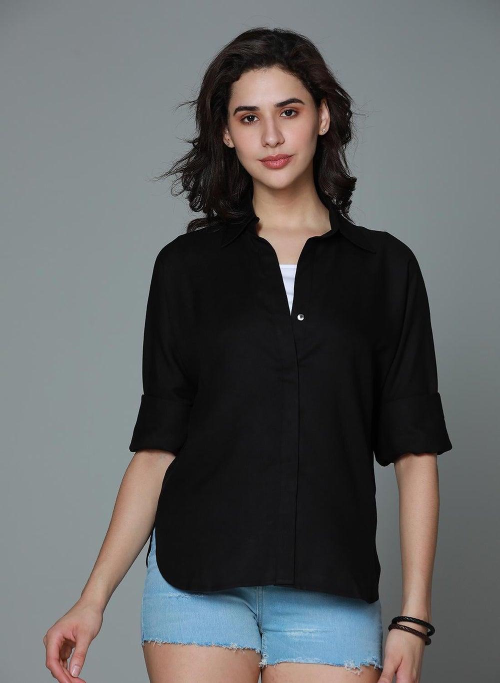 Black Rayon Relaxed Button-Down Shirt for Women - Image 1