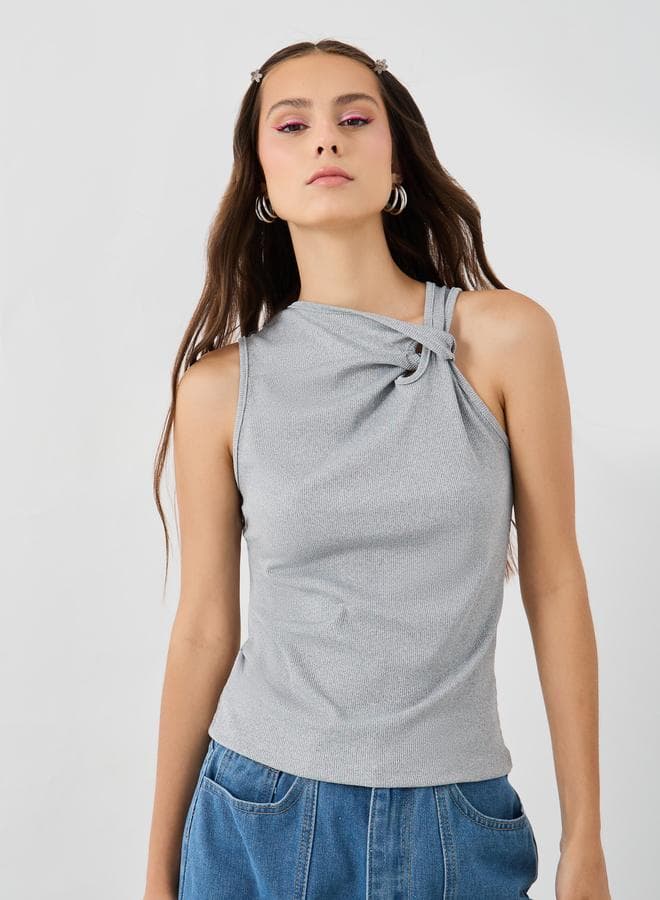 Textured Asymmetric Neck Sleeveless Blouse - Image 1
