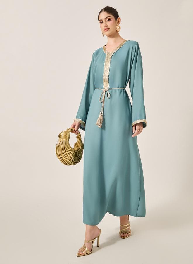 Satin Lace Trim Tie-Waist A-Line Jalabiya - Image 1