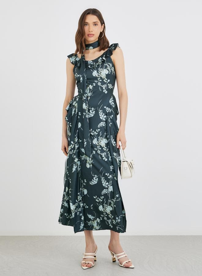 Floral Ruffle Trim A-Line Midi Dress with Slit - Image 1