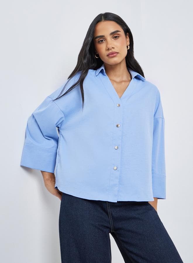 Styli Solid Flared Sleeve Buttoned Short Shirt - Image 1