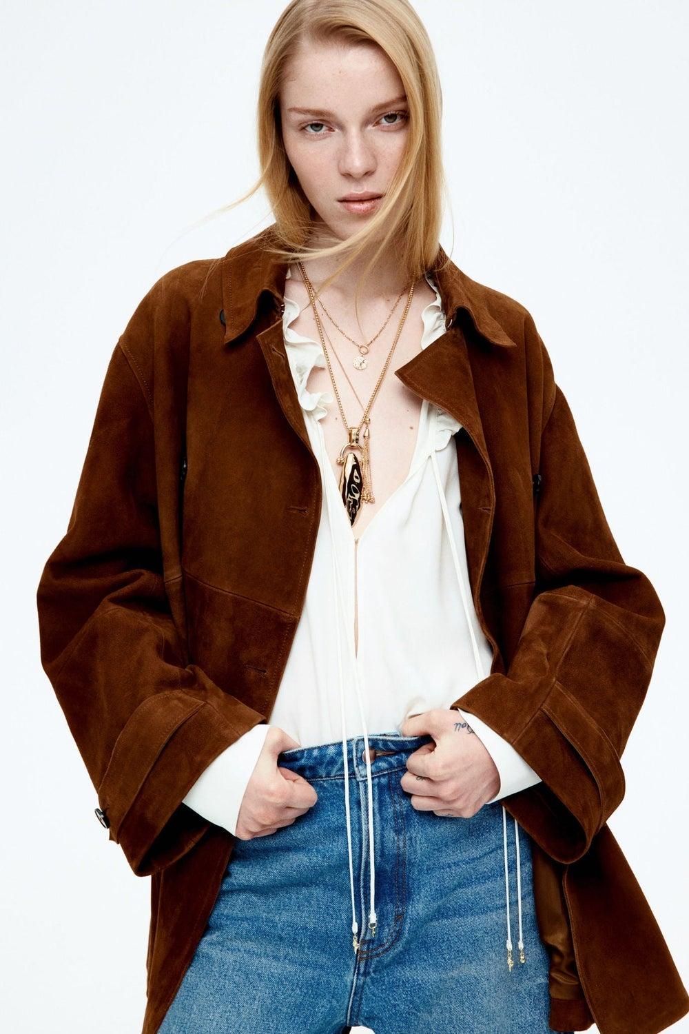 Frill-Trimmed V-Neck Drawstring Blouse - Image 1