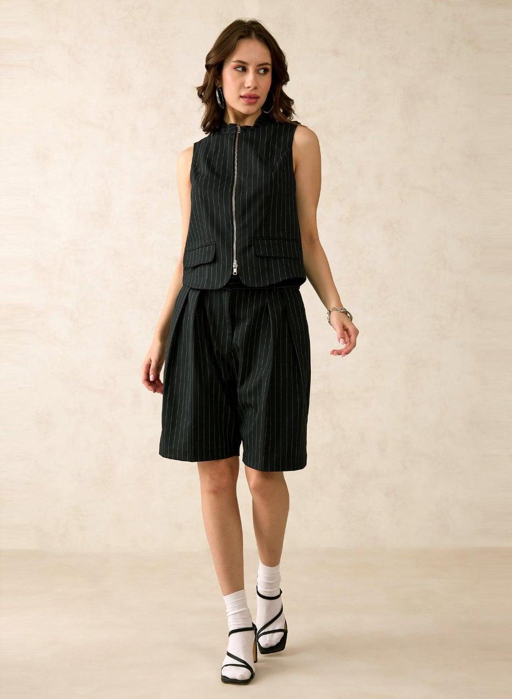 Striped Pleated Culottes in Stretch Viscose Blend - Image 1