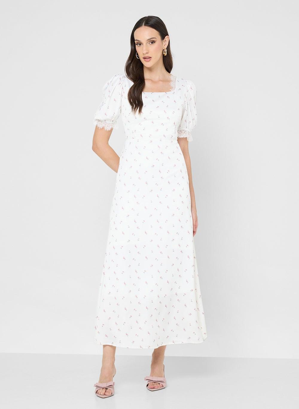 Ditsy Print Midi Dress with Elegant Back Tie Detail - Image 1