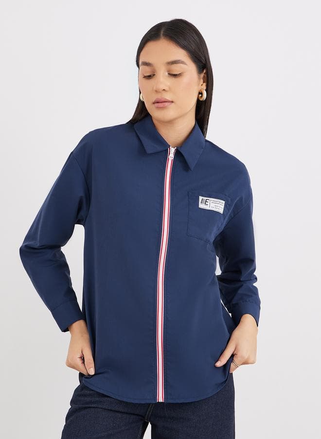 Contrast Zipper Oversized Long Sleeve Shirt - Image 1