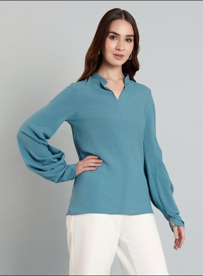 Mish Solid Balloon Sleeve Mandarin Collar Blouse - Image 1