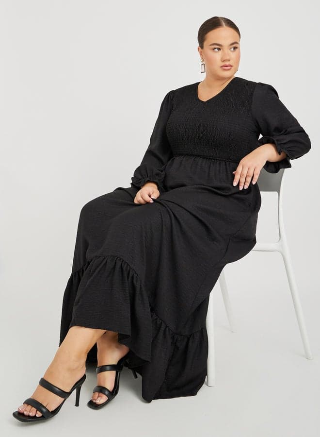 Black Shirred Bodice Maxi Dress with Ruffle Cuffs - Image 1