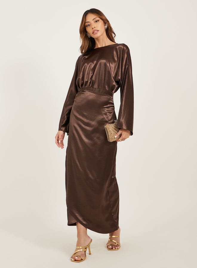 Elegant Brown Satin Long Sleeve Maxi Dress - Image 1