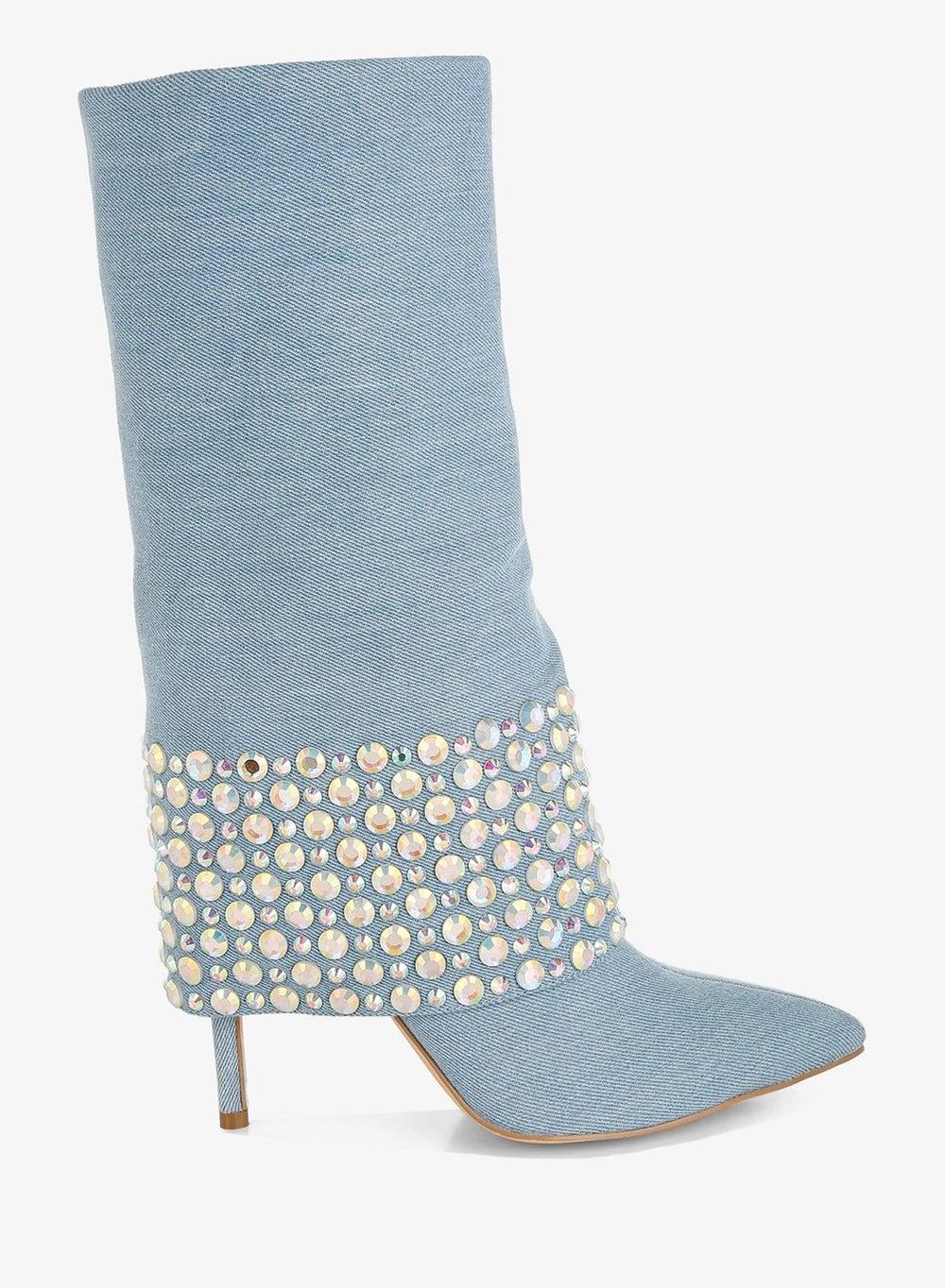 Blue Denim Knee Boots with Diamante Rhinestone Detail - Image 1