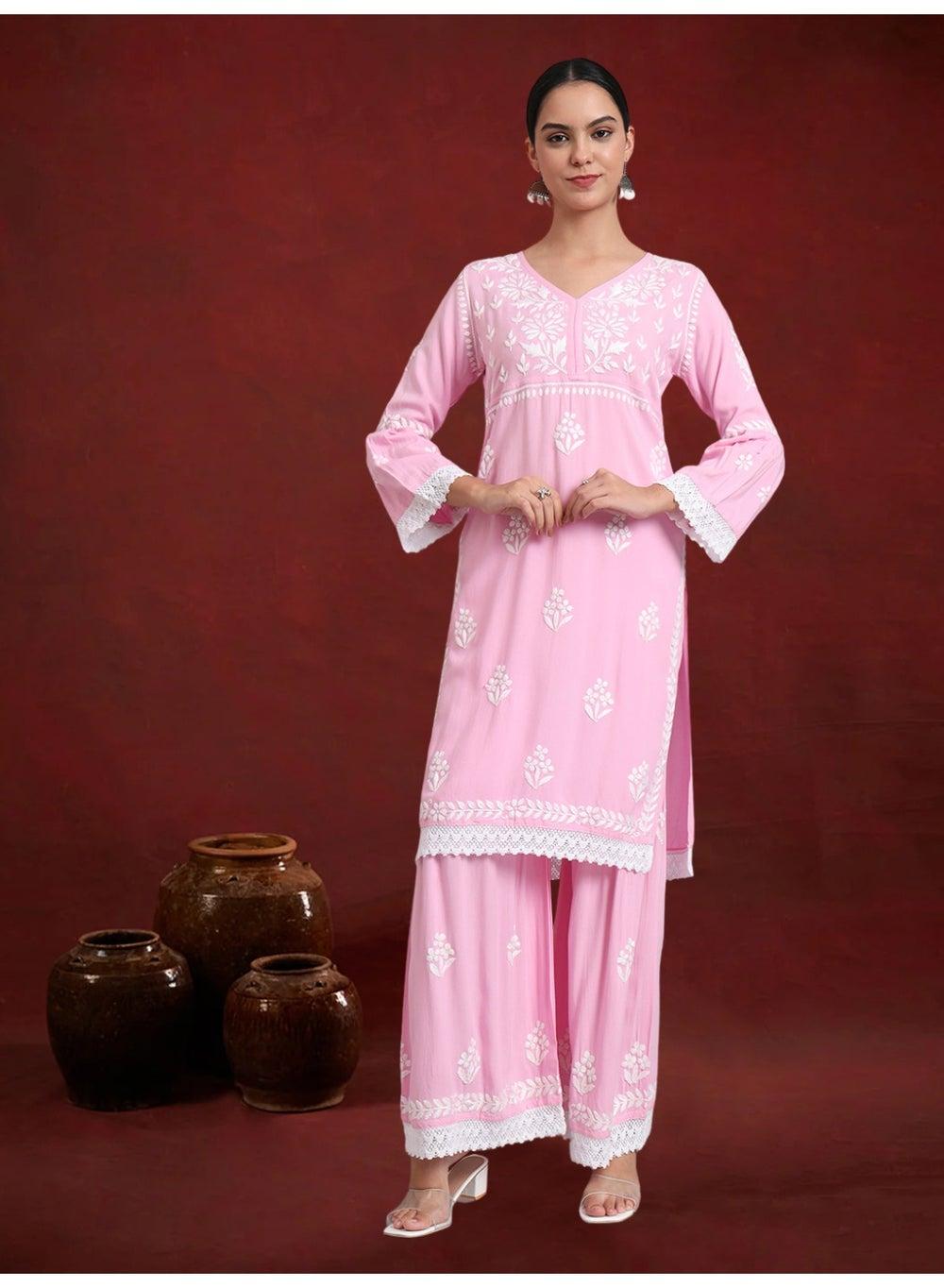 Hand Embroidered Lucknowi Chikankari Kurta Set AL4077KS - Image 1