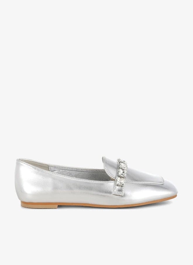 Silver Metallic Diamante Strap Loafers - Image 1
