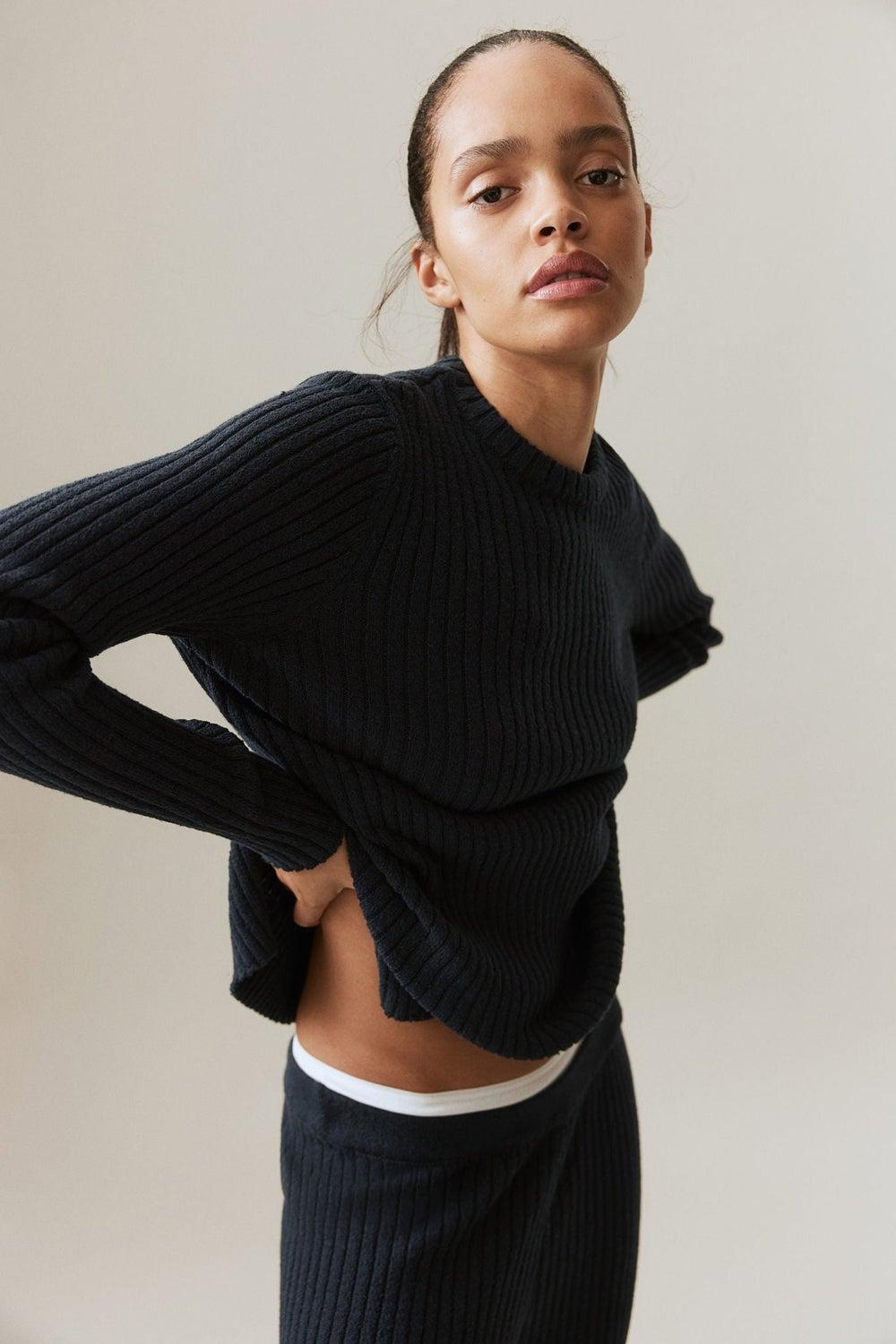 Soft Rib-Knit Long Sleeve Top with Side Slits - Image 1