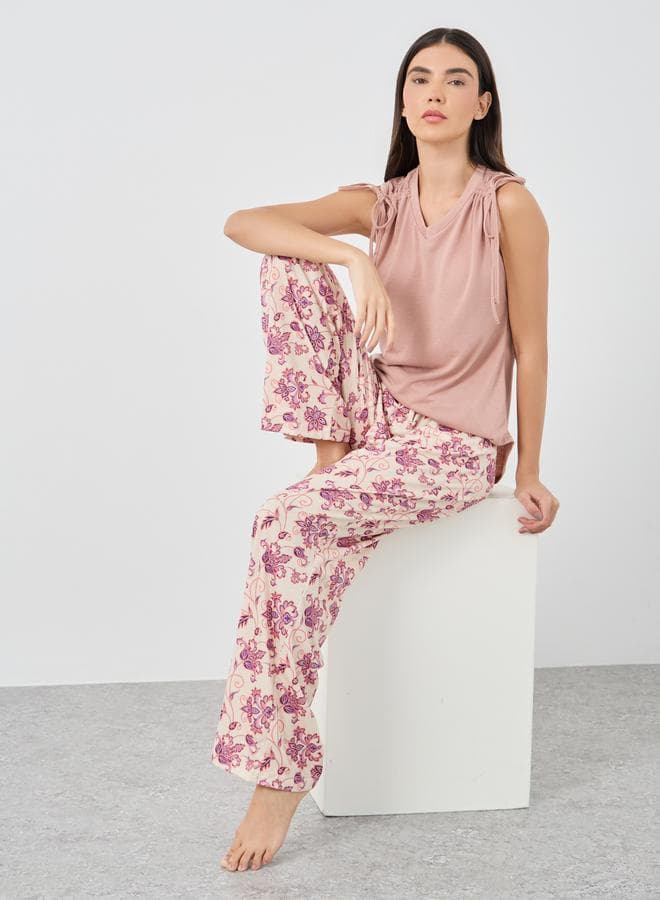 V-Neck Ruched Tank & Floral Pyjama Set - Image 1