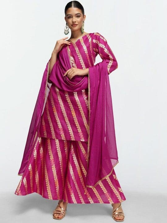 Purple Embellished Kurta Set with Palazzo & Tunic - Image 1