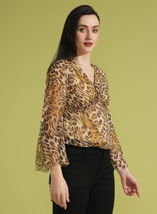 Globus Women Animal Print Bell Sleeve Lettuce Edge Top - Image 1