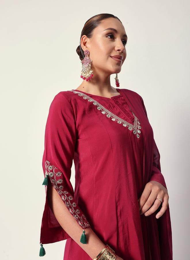 Pink Silk Textured Kurta Set with Palazzo Pants - Image 1