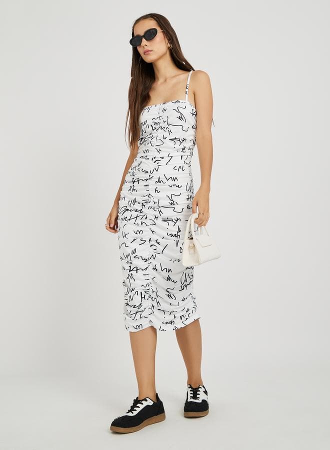 Ruched Scribble Print Midi Dress with Spaghetti Straps - Image 1