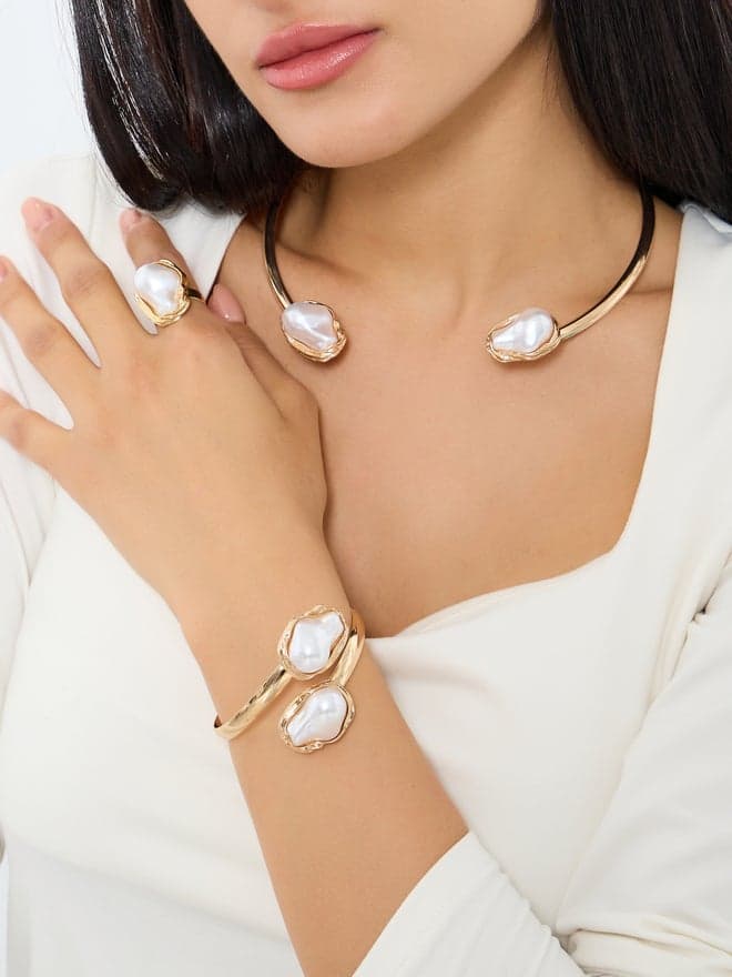 Styli Gold Textured Pearl Choker Ring Bracelet Set - Image 1