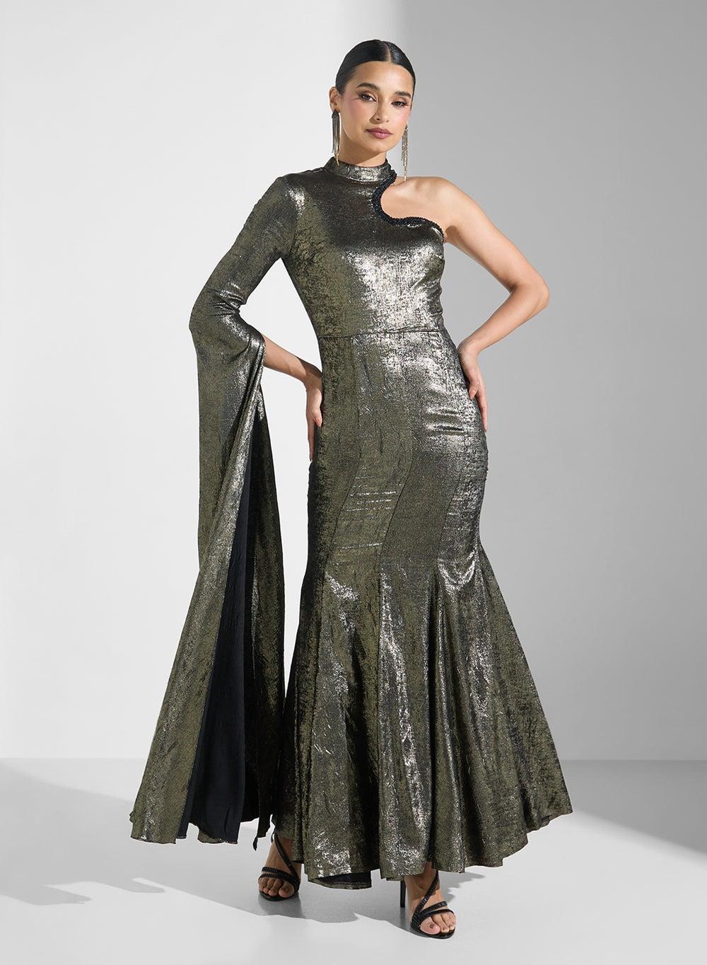 Asymmetric Metallic One-Shoulder Evening Gown - Image 1