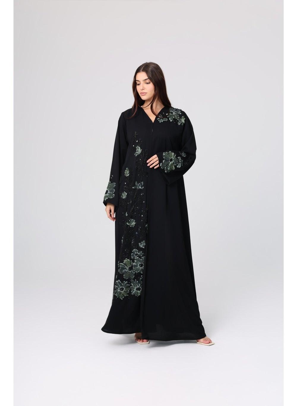 Beaded Green Floral Embroidery Abaya ABY1124 - Image 1