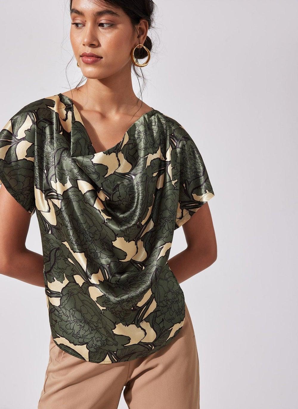 Camouflage Satin Cowl Neck Top – Effortless Luxe Style - Image 1