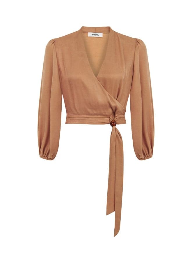 Draped Double-Breasted Blouse with Balloon Sleeves - Image 1