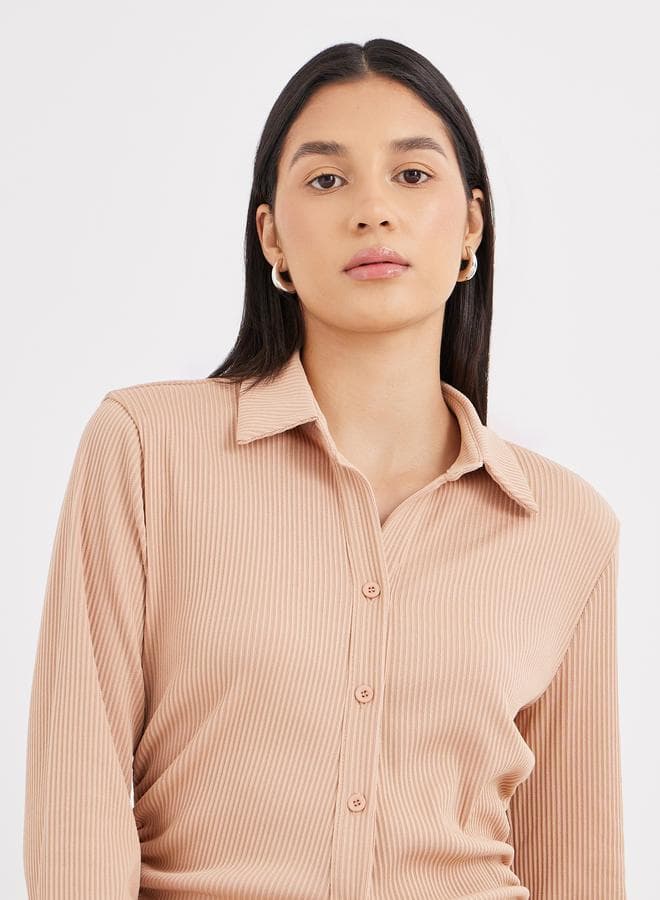 Beige Ribbed Fitted Longline Shirt for Women - Image 1