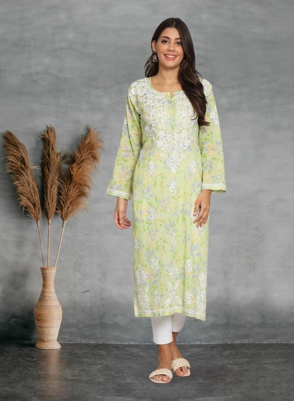 Chikan Embroidered Mulmul Straight Kurta AL3680 - Image 1