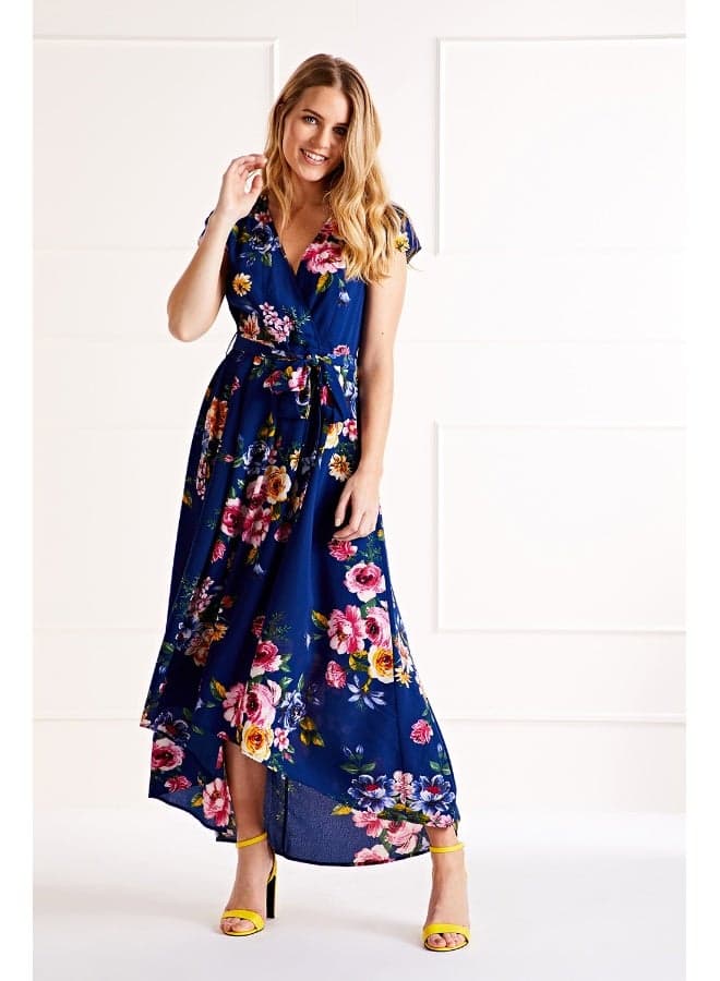 Navy Floral Wrap Maxi Dress with Asymmetrical Hem - Image 1