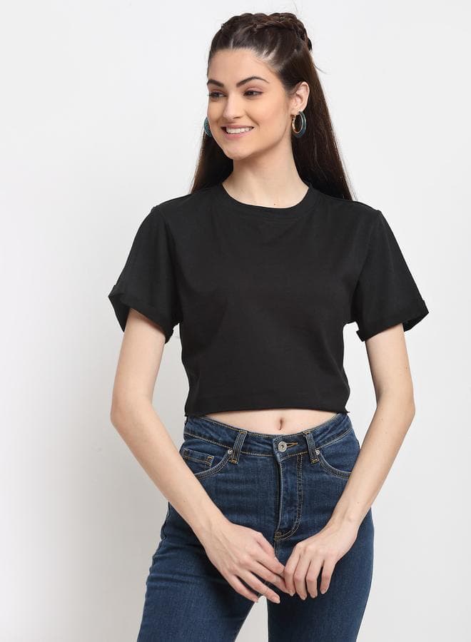 Door74 Black Cotton Crop T-Shirt – Short Sleeve - Image 1