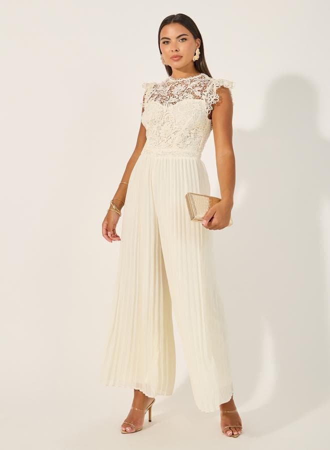 Cream Lace Bodice Pleated Wide Leg Jumpsuit - Image 1