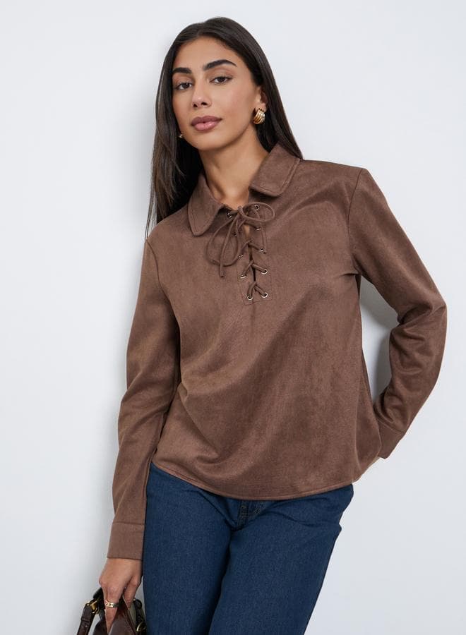 Styli Brown Lace-Up Suede Look Shirt for Women - Image 1